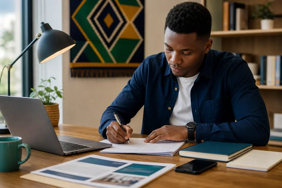 A job seeker writing an application letter beside a laptop