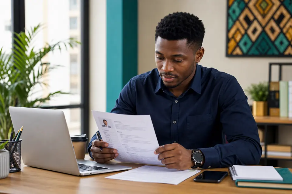 A graduate reviewing a finished CV at a desk